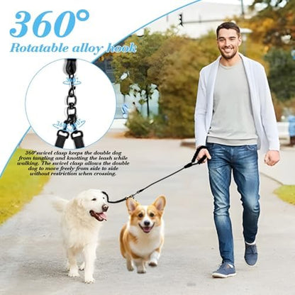 Dog Double Leashes,Rope Bungee Dual Leash with Padded Handle Removable for 2 Dogs,Tangle-Free, Padded Handles, 360° Swivel Control (Black, 2 Way) - Image 2