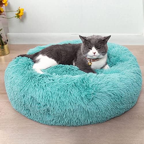 Cat Beds for Indoor Cats - Cat Bed Washable 20/24 inches, Dog Beds for Small Medium Dogs, Anti Anxiety Round Fluffy Plush Faux Fur Pet Bed, Thick Bottom (Blue, Large 24" L x 24" W) by Unknown
