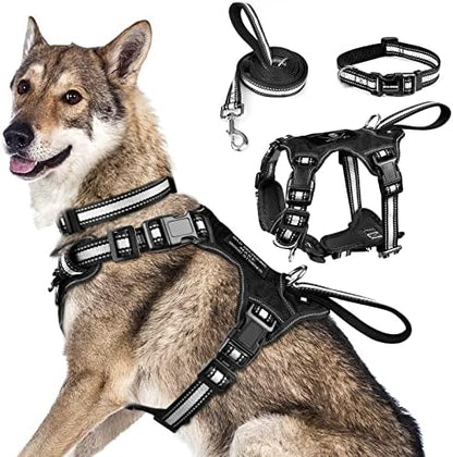 WINSEE Pet Harness Collar and Leash Set, All-in-one Reflective Dog Harness No Pull with Adjustable Buckles for Puppies, Small, Medium, Large, and Extra-Large Dogs (X-Large, Black) by WINSEE