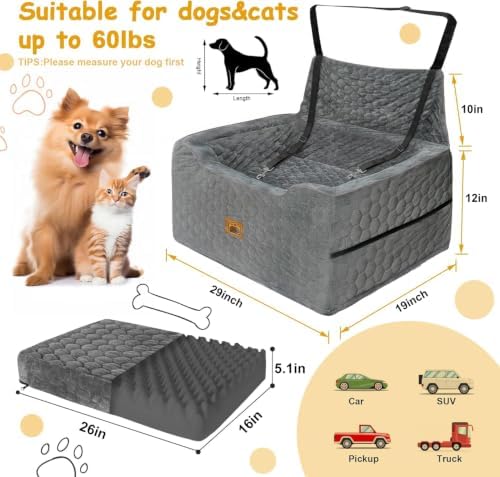 Dog Car Seat for Medium/Large Dog Booster Seat Under 60 lbs or 2 Small Dogs, Multi-Functional Pet Car Seat with Thick Cushion, 2 Safety Leashes (Gray) - Image 2
