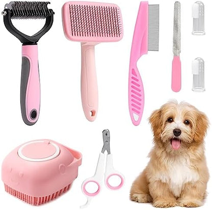 VCZONE 8 Pcs Dog Grooming Kit with Self Cleaning Tools: Nail Clipper, Flea Comb, Shampoo Brush, Shedding Brush, Dematting Comb, Silicone Toothbrush (Pink) by VCZONE