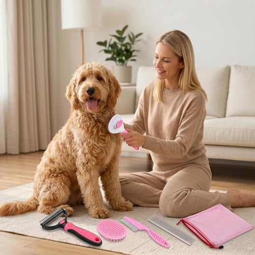 5-in-1 Dog Grooming Kit with Self Cleaning Brush & Rake, Pink - Image 6
