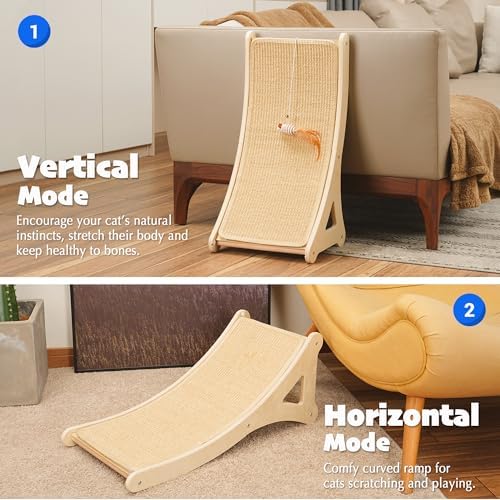 PETKARAY Curved Cat Scratcher, Sisal Kitty Scratching Ramp, L Shape Scratch Pad for Indoor Cats, 25.6" Furniture Protector with Mouse Toy - Image 2