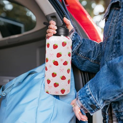 32oz Strawberry Stainless Insulated Aater Water Bottle with Straw,Strawberry Floral Gym Hiking Sports Coffee Mug Cup Water Bottles,Strawberry Themed Gifts for Women,Strawberry Decor Stuff Accessories - Image 5