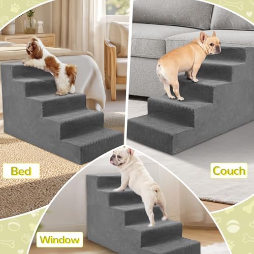 Niubya Dog Stairs for Small Dog and Cats,23”H Non-Slip Bottom Pet Steps for High Beds and Couch,Extra Wide High-Density Foam Pet Stairs Grey,5 Steps - Image 4