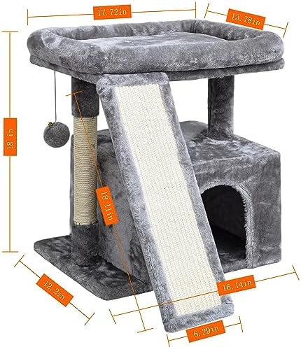 Small Cat Tree for Indoor Cats, Cat Tower with Scratching Post and Board, Cat House with Perch for Kitten, Stable Condo and Stand (Light Grey) - Image 6