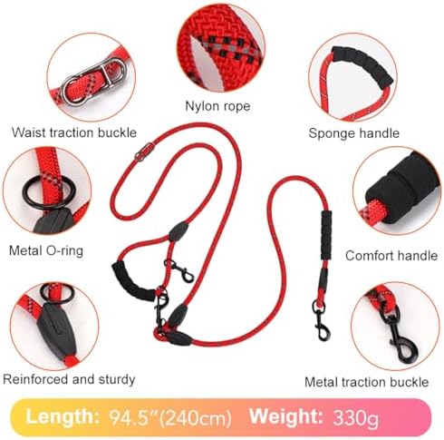 Cymiler Hands Free Dog Leash, 8 Ft Reflective Cross-Body Pet Rope Leashes with Sponge Handle, Heavy Duty Nylon, for Running, Hiking, Training, Waist Leash for Small Medium Large Dogs (Red) - Image 3
