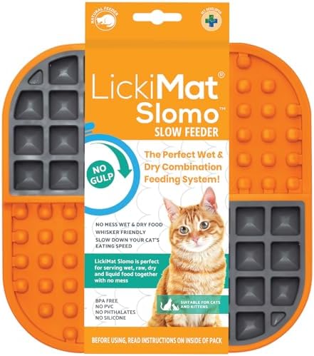 LickiMat Slomo, Cat Slow Feeder Lick Mat, Boredom Anxiety Reducer; Perfect for Food, Treats, Yogurt, or Peanut Butter. Fun Alternative to a Slow Feed Cat Bowl or Dish, Orange by LICKIMAT