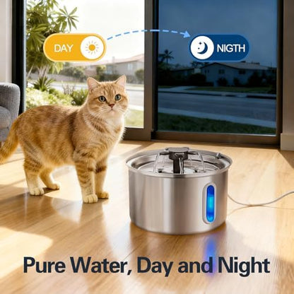 3L/101oz Stainless Steel Cat Water Fountain for Indoor Use - Ultra Quiet Automatic Cat Fountain for Drinking, Pet Water Foutain for Cat with LED Window, Easy to Clean (8 Filters & 8 Sponges) - Image 3