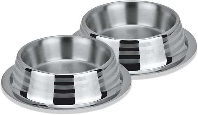 Stainless Steel Dog Bowls | Cat Bowls (Pack of 2) - Anti Skid & Non Tip Dog Water Bowl | Cat Water Bowl Set - Dishwasher Safe - 32 Oz - 950 ml - 23 cm Diameter (Elegant Silver Stripes)