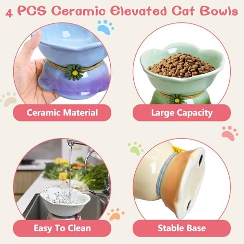 Kathson 4 Pcs Ceramic Raised Cat Food Bowls Elevated Kitty Bowl for Food and Water Anti Vomiting Tilted Cat Bowl for Kittens and Small Dogs Dishwasher and Microwave Safe (8.45 Ounces) - Image 5