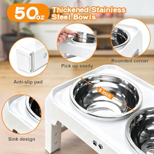 COMESOON Elevated Dog Bowls, 4 Height Adjustable Raised Bowl Stand with 2 Thick 50oz Stainless Steel Food Bowls Non-Slip Feeder Adjusts to 3.7'', 9.2'', 10.75'', 12.36'' White - Image 4