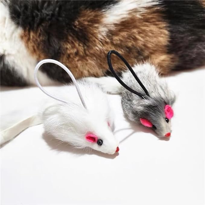Real Rabbit Fur Interactive Cat Toy Mouse, 5.5" Extra Large Durable Squeaky Toys with Long Tail, Crinkle Sound & Hanging Rope, Self-Play Toys for Indoor Cats (5 Pack Grey/White Color)