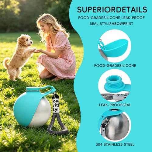 2in1 Portable Dog Water Bottle Portable,10oz Stainless Steel Leak Proof Pet Water Bottle Portable Dog Water Bottle Silicone Bowl,Outdoor Travel Water Bottle for Dogs Walking Hiking Camping, Blue - Image 4