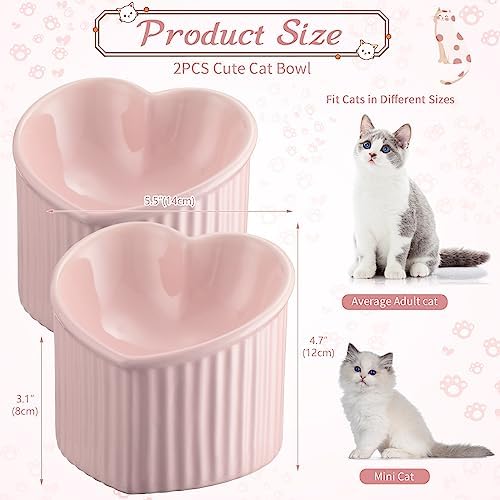 Mumufy 2 Pcs Ceramic Elevated Cat Bowls Tilted Elevated Raised Pet Bowls Anti Vomit Cat Dish for Indoor Stress Free Water Dish Feeder for Puppies, Heart Shaped(Pink) - Image 2