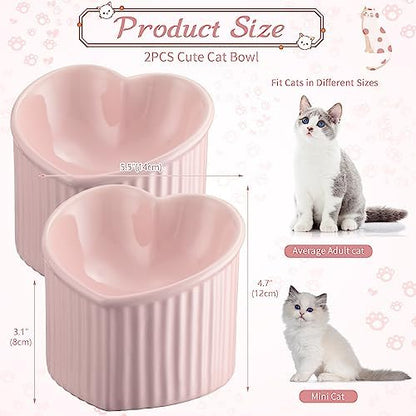 Mumufy 2 Pcs Ceramic Elevated Cat Bowls Tilted Elevated Raised Pet Bowls Anti Vomit Cat Dish for Indoor Stress Free Water Dish Feeder for Puppies, Heart Shaped(Pink) - Image 2