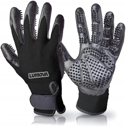 Pet Grooming Glove – Patented Rubber-Massage Shedding Bath & Hair Remover for Dogs, Cats & Livestock – Lightweight, Flexible, Secure Fit (Black) by Lumova