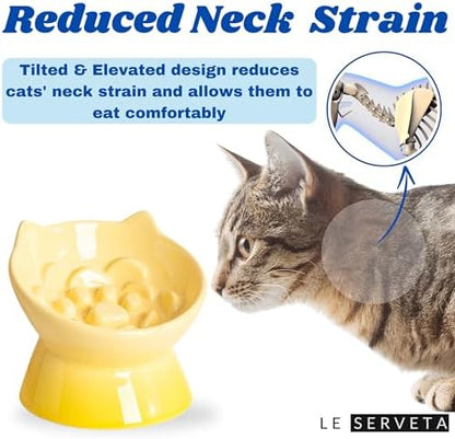 Macarons Series Ceramic Slow Feeder Cat Bowl, Raised Puzzle Feeder, Anti Vomiting Cat Slow Feeding, Elevated Food Bowl, Whisker Friendly Pet Bowl with Cute Ear Design (Gradient Yellow) - Image 4