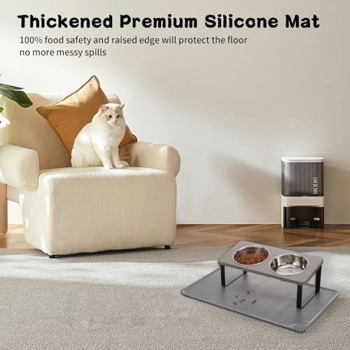 Summark Upgraded Elevated Cat Bowls with Food Mat,15°Tilted Stand Anti Vomiting Raised Cat Dishes for Food and Water,2 Stainless Steel Bowls for Cats and Puppy（Gray） - Image 3