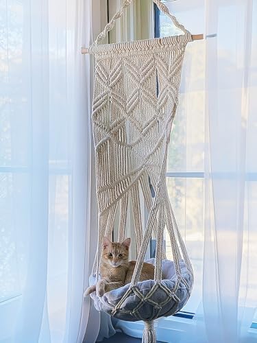 KARCEEY Macrame Cat Hammock Hanging Bed - Boho Wall Swing with Catnip Cushion for Wall Climber & Window Perch - Hardware Kit Included - Image 3