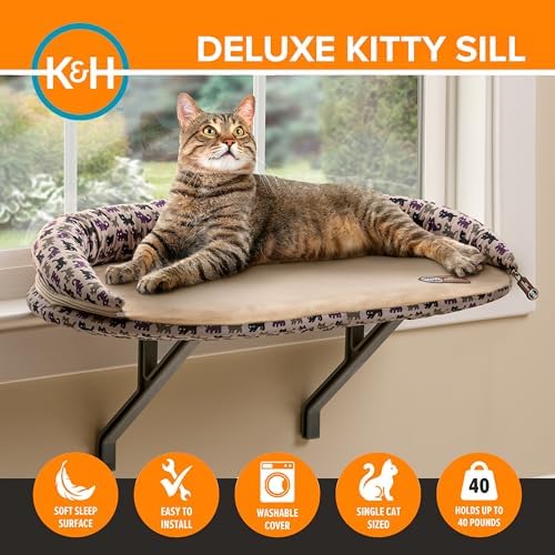 K&H Cat Window Perch, Deluxe Bolster Kitty Sill, 24x14in, Tan/Kitty Print - Image 6