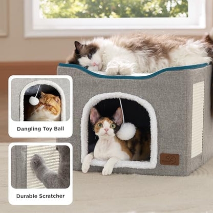 Bedsure Cat House Bed for Indoor Cats with Fluffy Ball and Scratch Pad,Grey - Image 6