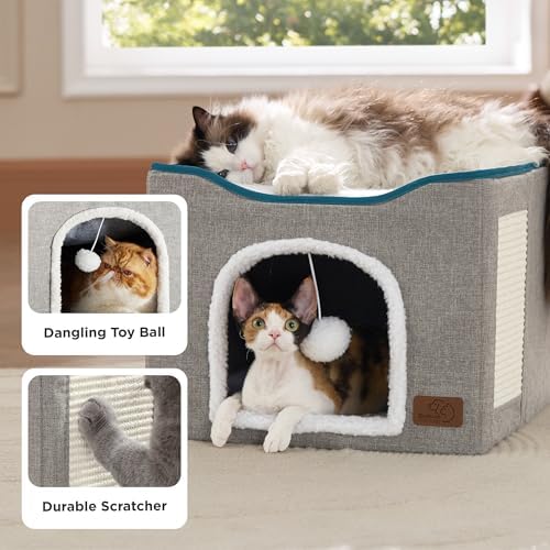 Bedsure Cat House Bed for Indoor Cats with Fluffy Ball and Scratch Pad,Blue - Image 3