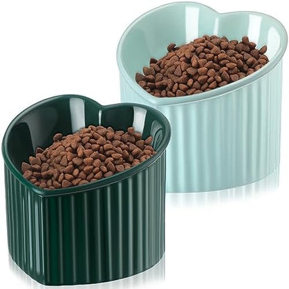 Mumufy 2 Pcs Ceramic Elevated Cat Bowls Tilted Elevated Raised Pet Bowls Anti Vomit Cat Dish for Indoor Stress Free Water Dish Feeder for Puppies, Heart Shaped(Macaron Blue, Peacock Green) by Mumufy