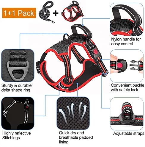 tobeDRI No Pull Dog Harness Adjustable Reflective Oxford Easy Control Medium Large Dog Harness with A Free Heavy Duty 5ft Dog Leash, Black/Red, M - Image 3