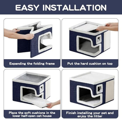 Cat Houses for Indoor Cats, Covered Cat Cave Bed with Scratch Pad and Fluffy Ball, Foldable Cat Hideaway Condo for Large Cats, Modern Kitten Bed,16.5x16.5x13 inches (Blue, Large) - Image 6