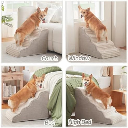 Laojin Balhen Dog Stairs for Small Dogs & Cats 15.7" H, High Density Foam Dog Steps Ramp for Couch Sofa and Chair, Pet Stairs with Non-Slip Bottom and Remove Washable Cover, 3-Step Pet Steps, Beige - Image 2