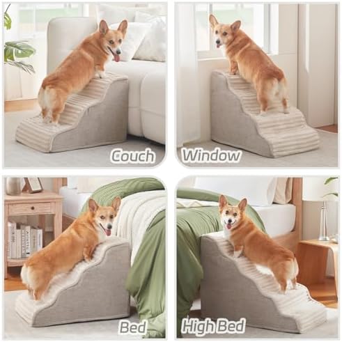 Laojin Balhen Dog Stairs for Small Dogs & Cats 15.7" H, High Density Foam Dog Steps Ramp for Couch Sofa and Chair, Pet Stairs with Non-Slip Bottom and Remove Washable Cover, 3-Step Pet Steps, Beige - Image 2