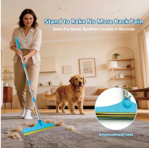 Premium Stainless Steel Pet Hair Removal Carpet Rake | Reusable Adjustable Pet Fur De-Shedding Tool for Carpets, Rugs, Upholstery & Auto Mats | Long Extendable Handle, Heavy-Duty Construction (Blue) - Image 6