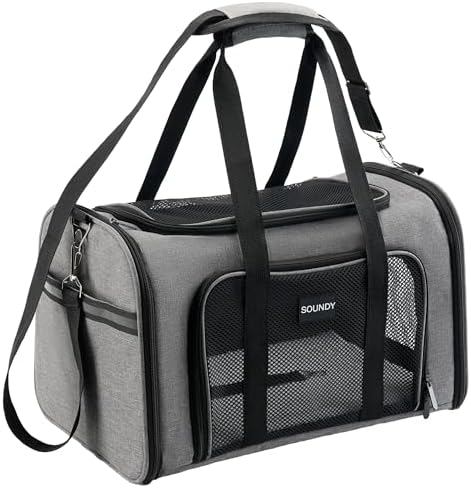 Soundy Large Cat Carrier Dog Carrier Under 25 Lbs,Collapsible Ventilated Portable Pet Bag with Soft Sided Breathable Mesh for Long Car Trips Maxi Load 2 Kittens or Small, Medium Dog (Large Grey) by Soundy