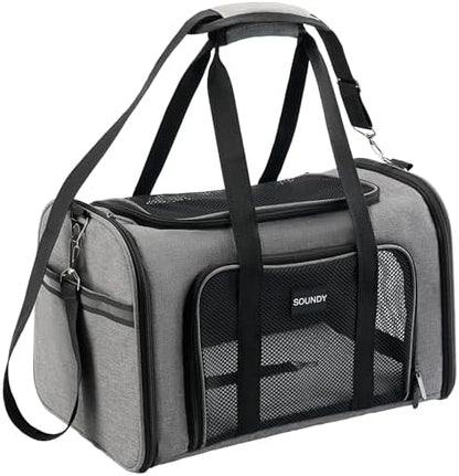 Soundy Large Cat Carrier Dog Carrier Under 25 Lbs,Collapsible Ventilated Portable Pet Bag with Soft Sided Breathable Mesh for Long Car Trips Maxi Load 2 Kittens or Small, Medium Dog (Large Grey) by Soundy