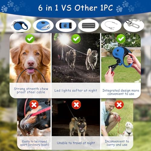 26Ft Retractable Dog Leash - for Dog Up to 110lbs, Tangle Free Walking Leash with Chew Proof Cable | LED Light | Dispenser | Poop Bags, Quick Lock Braking & Non-Slip Handle (Blue) - Image 5