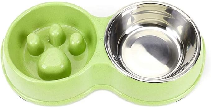 Slow Feeder Dog cat Double Bowl Stainless Steel and Anti-Choking Green