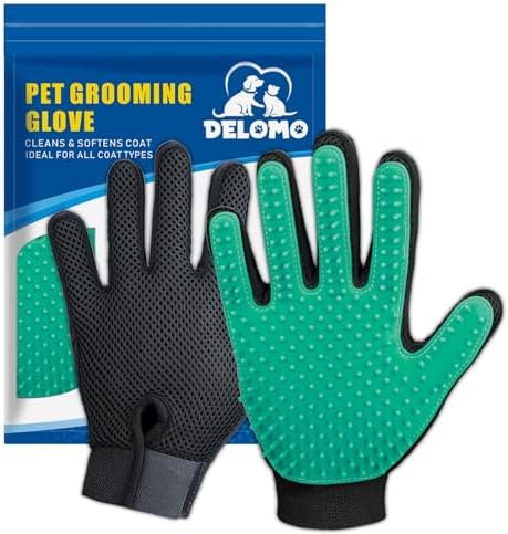 Pet Hair Removal Glove with 255 Silicone Tips for Dogs & Cats, 1 Pair Green by DELOMO