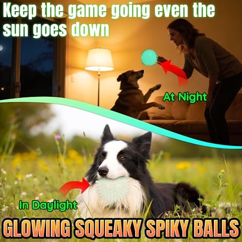 LECHONG 6-Pack Glow in The Dark Squeaky Dog Balls, 3.5” Spiky Dog Toy Balls, Durable Glowing Rubber Fetching Ball for Medium & Large Dogs Nighttime Playing Indoors & Outdoors - Image 2