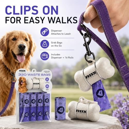 RBX Dog Poop Bags Rolls with Dog Poop Bag Holder for Leash, 320 Poop Bags for Dogs with Clip-On Dispenser, Durable Leak-Proof Dog Waste Bags, 16 Refill Rolls, Recyclable Material - Image 3