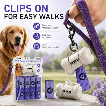 RBX Dog Poop Bags Rolls with Dog Poop Bag Holder for Leash, 320 Poop Bags for Dogs with Clip-On Dispenser, Durable Leak-Proof Dog Waste Bags, 16 Refill Rolls, Recyclable Material - Image 3