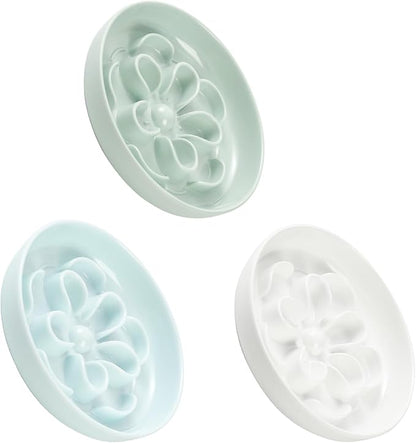 Melamine Cat Slow Feeder Bowl Set - Floral Maze Food Dishes for Cats and Small Dogs - Shallow Wide Plates for Dry & Wet Food - 3 Pack - White & Green & Blue