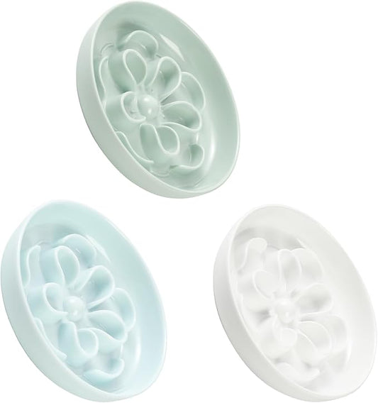 Melamine Cat Slow Feeder Bowl Set - Floral Maze Food Dishes for Cats and Small Dogs - Shallow Wide Plates for Dry & Wet Food - 3 Pack - White & Green & Blue