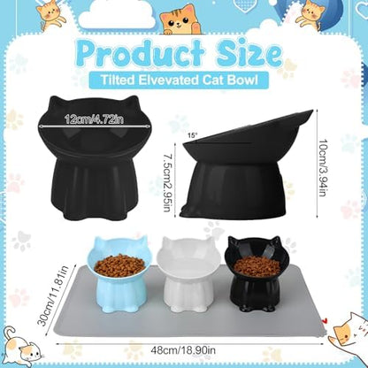 3 Pcs Elevated Cat Bowls 15°Raised Cat Food Bowl with Silicone Mat Blue - Image 2
