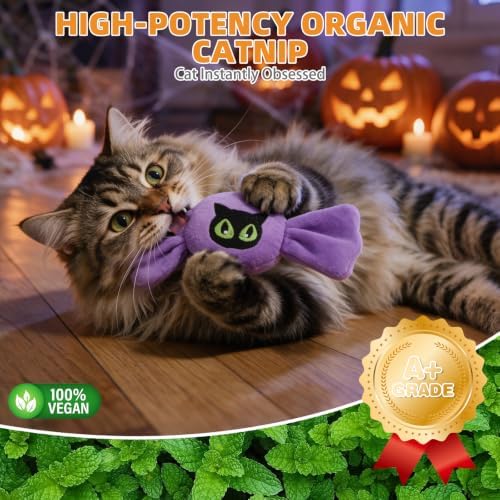 KOOLTAIL 3 Pack Halloween Catnip Toys, Candy Shaped Filled Plush Crinkle Interactive Chew Toys with Spooky Pumpkin Skull Patterns for Indoor Cats Kittens, Boredom Relief Holiday Pet Play Gifts - Image 4
