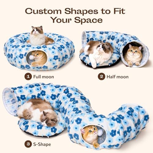 Meowfia Indoor Cat Tunnel with Donut Bed - Large Flexible Play Space for Multiple Pets - Circle or Snake Shape, Cozy Lounge (Blue Blossom) - Image 5