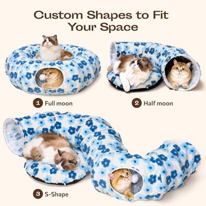 Meowfia Indoor Cat Tunnel with Donut Bed - Large Flexible Play Space for Multiple Pets - Circle or Snake Shape, Cozy Lounge (Blue Blossom) - Image 5