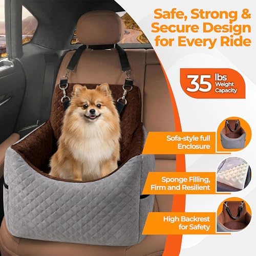 Dog Booster Seat for Small Dogs & Medium Sized Dog – Elevated Car Seat with Safety Leash, High Density Foam, Storage Pockets & Washable Cover – Up to 35 lbs for Puppies & Cats (Gray & Dark Brown) - Image 2