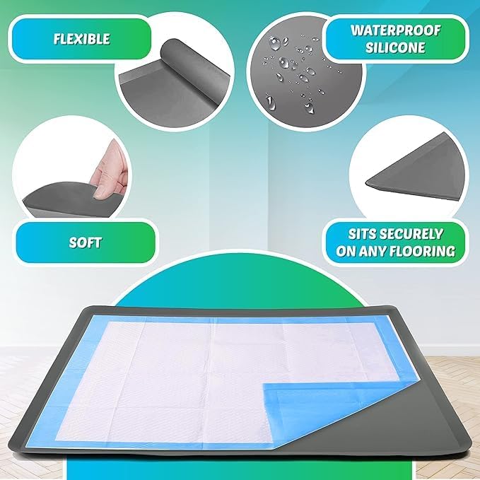 TidyFriend Dog Pee Pad Holder Tray Fits Up to 30” x 36” Wee Wee Pee Pads - Stable Grip, Raised Edges, Quick-Wipe Silicone Surface Dog Potty Tray Holder for Indoor Flooring Protection (Grey)