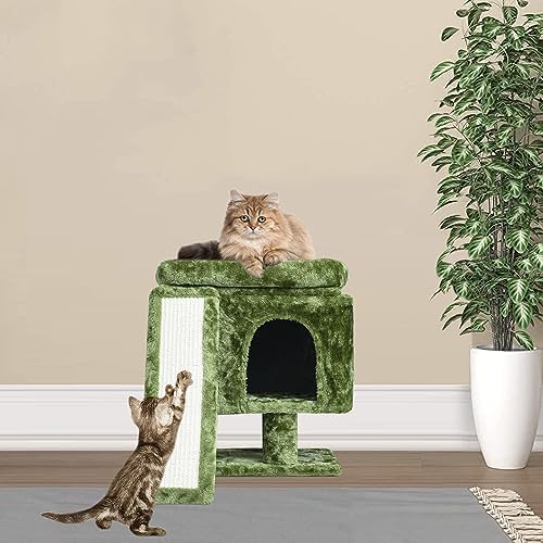 YANDLVY Small Cat Tower for Cats, Cute Cat Tree for Indoor Cats, Kittens Condo with Scratching Post and Board, Cat Cave, Modern Cat Activity House with Plush Perch (Green) - Image 6